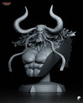 Sculptor's render of the sculpt (kit ships unpainted): front view of the snarling horned giant bust with a ribbon moustache and wide mane on a round pedestal
