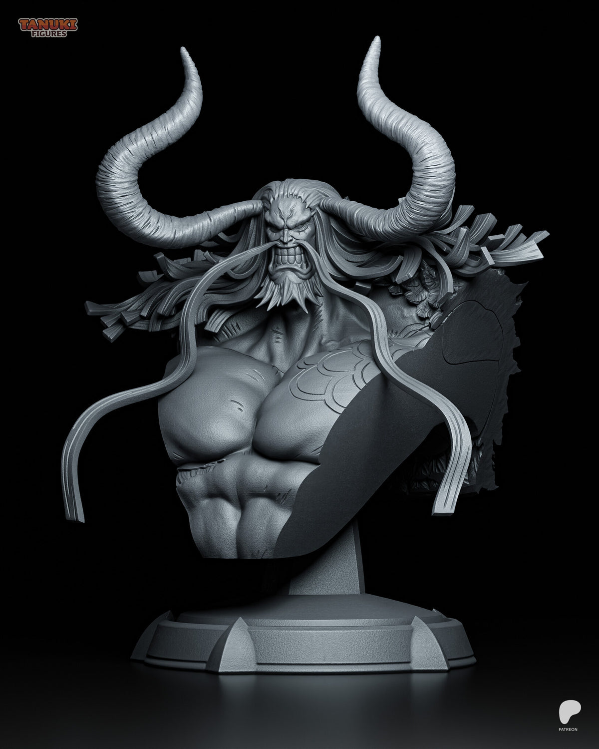 Sculptor's render of the sculpt (kit ships unpainted): front view of the snarling horned giant bust with a ribbon moustache and wide mane on a round pedestal