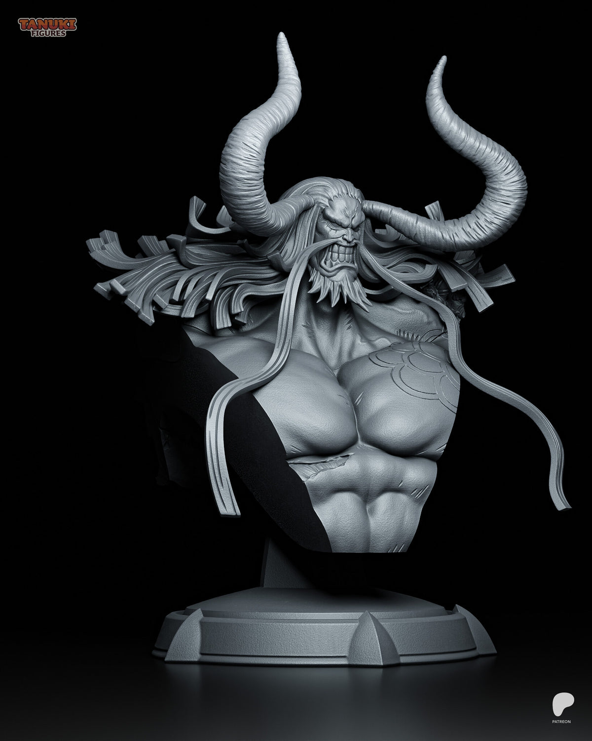 Sculptor's render (kit ships unpainted): three-quarter view showing the scale tattoo on the chest and the moustache strands hanging down
