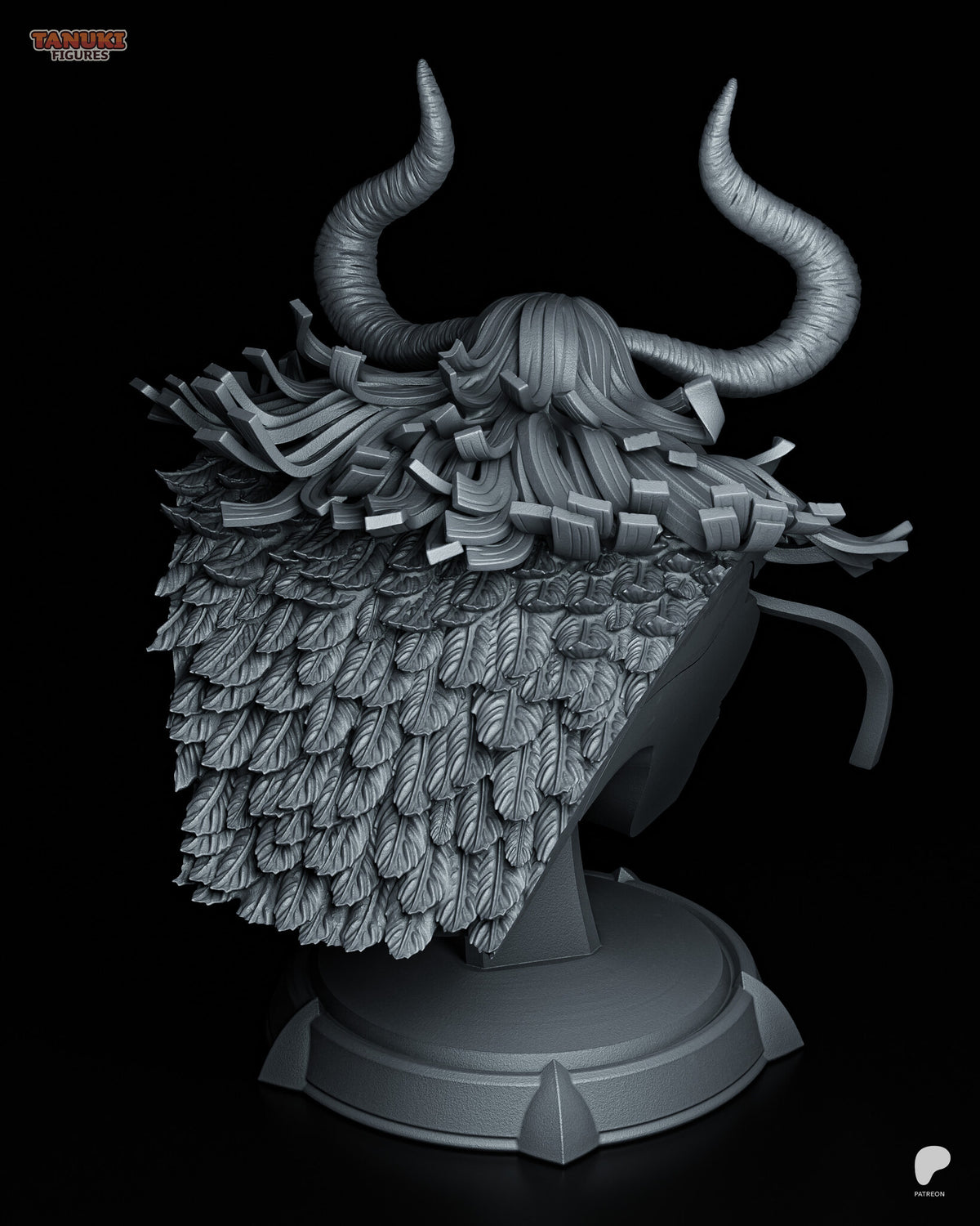 Sculptor's render (kit ships unpainted): rear view of the feathered scale cape, the squared ends of the mane and the curved horns