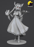 Sculptor's render of the design (kit ships unpainted): unpainted gray render of the full figure from the front, holding a teapot and a tea tray, on the tiled round base