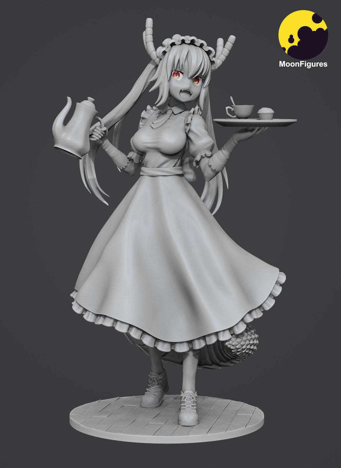 Sculptor's render of the design (kit ships unpainted): unpainted gray render of the full figure from the front, holding a teapot and a tea tray, on the tiled round base