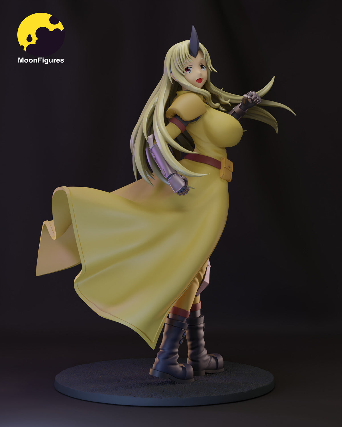 Sculptor's render of the painted design (kit ships unpainted): full figure from the side and behind, looking back over her shoulder with one armored fist raised, on the round base