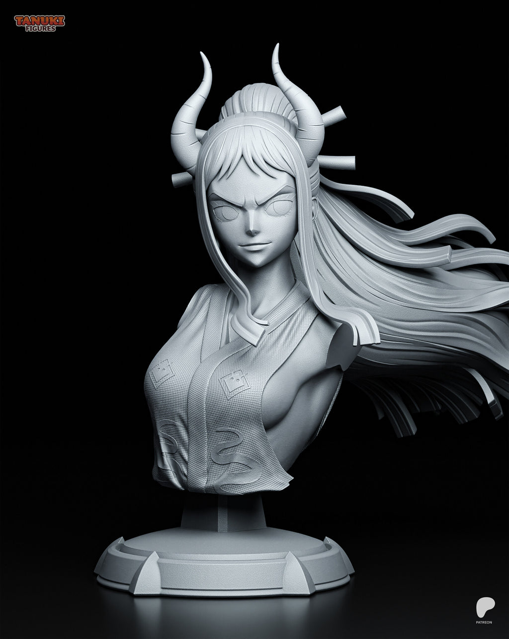 Sculptor's render of the design (kit ships unpainted): gray clay front view of the horned bust, scowling, with the long hair streaming out to one side, on the round plinth