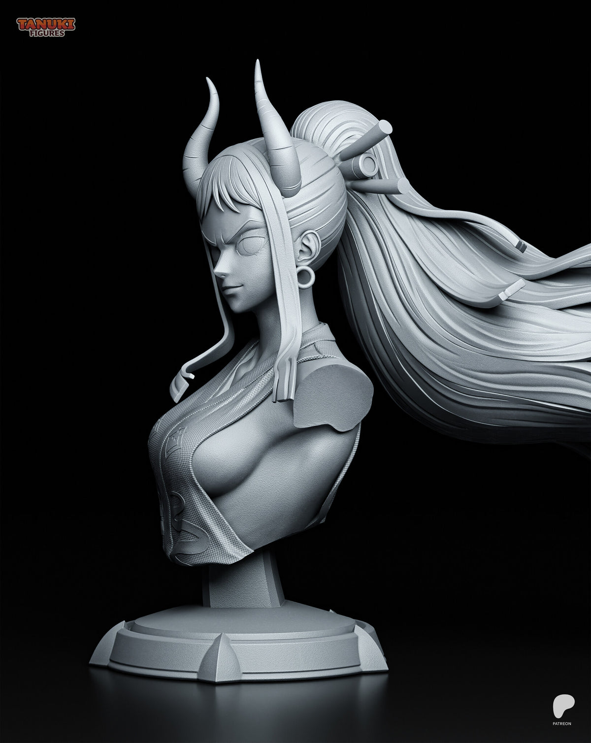 Sculptor's render (kit ships unpainted): three-quarter view from the right showing the horns, a hoop earring and the hair knot with its rods