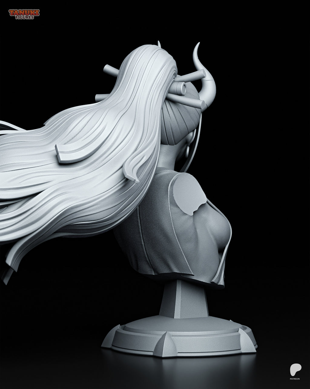 Sculptor's render (kit ships unpainted): back view of the long hair sweep, the back of the woven top and the post and plinth