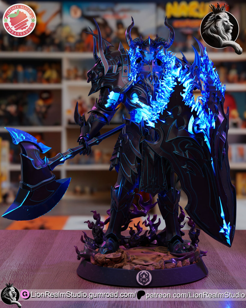 Sculptor's render of the painted design (kit ships unpainted): front three-quarter view of the horned shadow knight with the great axe held low and the tall shield at his side, glowing blue flames over his shoulders, on the round rocky base