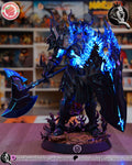 Sculptor's render of the painted design (kit ships unpainted): front three-quarter view of the horned shadow knight with the great axe held low and the tall shield at his side, glowing blue flames over his shoulders, on the round rocky base