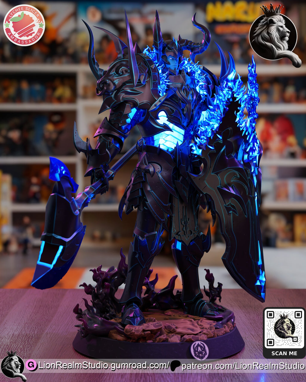 Sculptor's render (kit ships unpainted): front view in the blue paint scheme, the beast-head pauldron and the axe blade out past the base