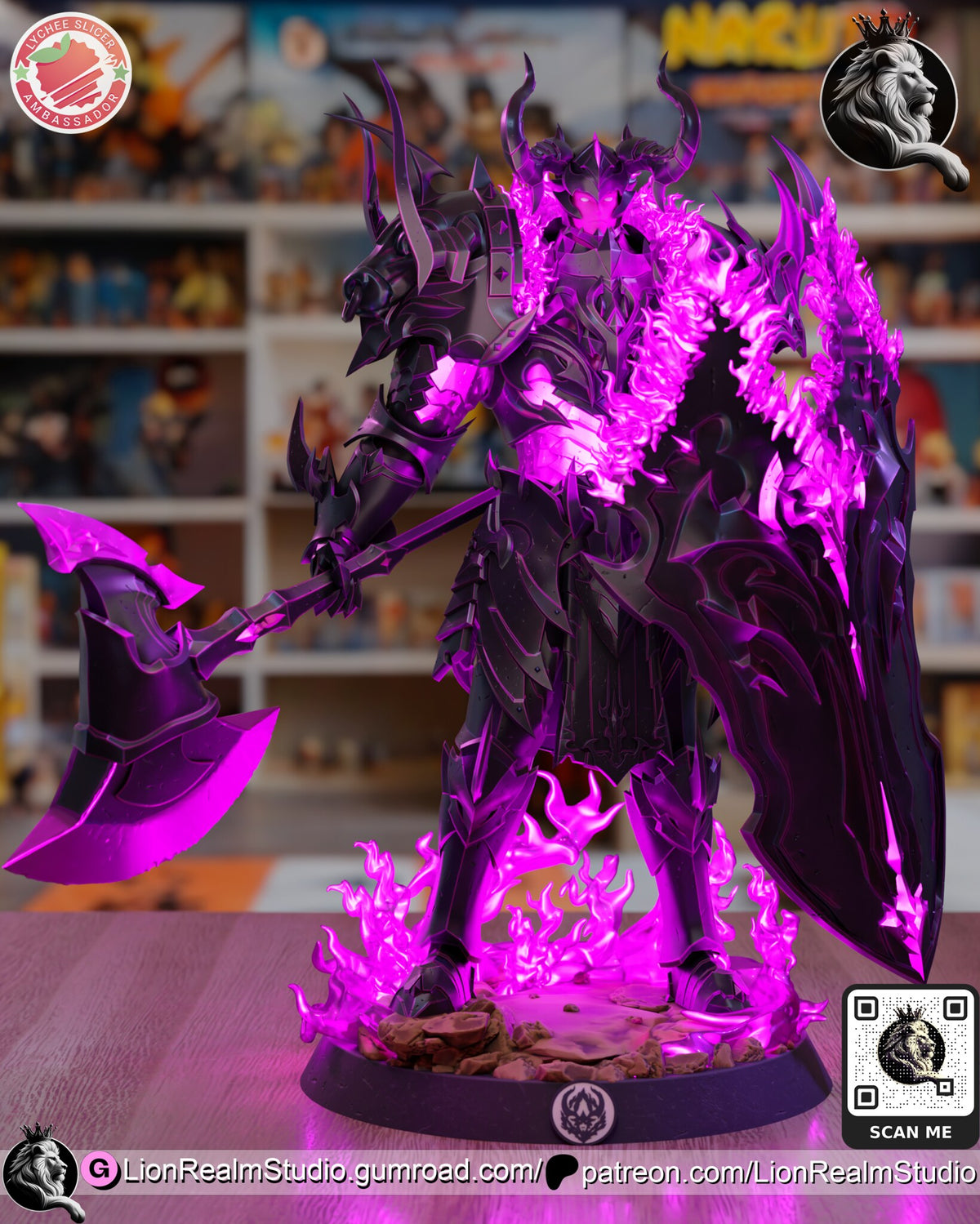Sculptor's render (kit ships unpainted): straight front view in the magenta paint scheme, with flames rising around his boots