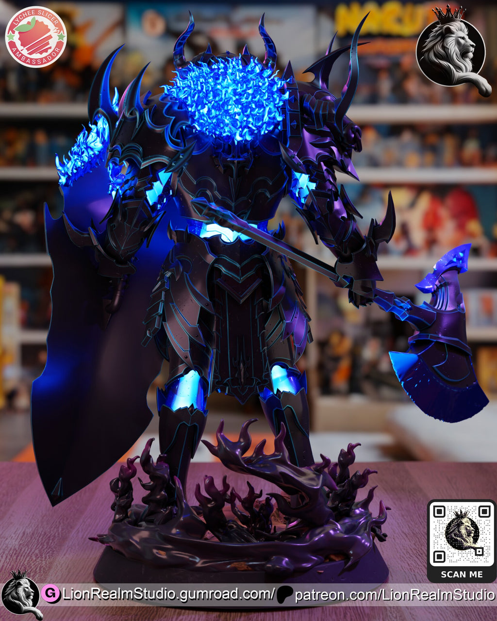 Sculptor's render (kit ships unpainted): rear view of the flame mass on his back, the shield edge and the flame tendrils on the base