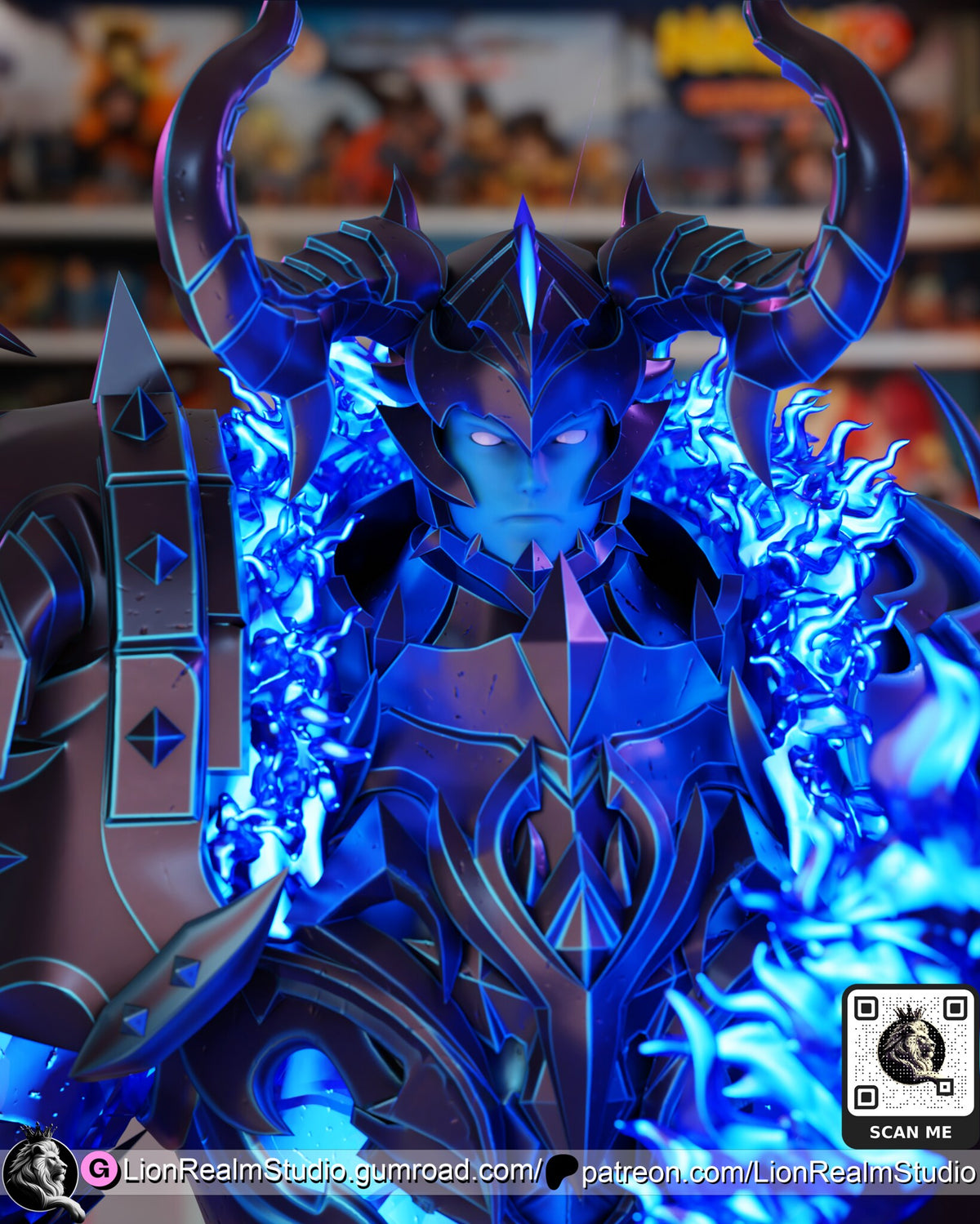 Sculptor's render (kit ships unpainted): close-up of the horned helmet, the glowing eyes and the flame collar