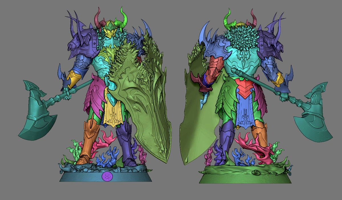 Sculptor's render (kit ships unpainted): the sculpt shown from front and back with each part in a different color, showing how the kit is split