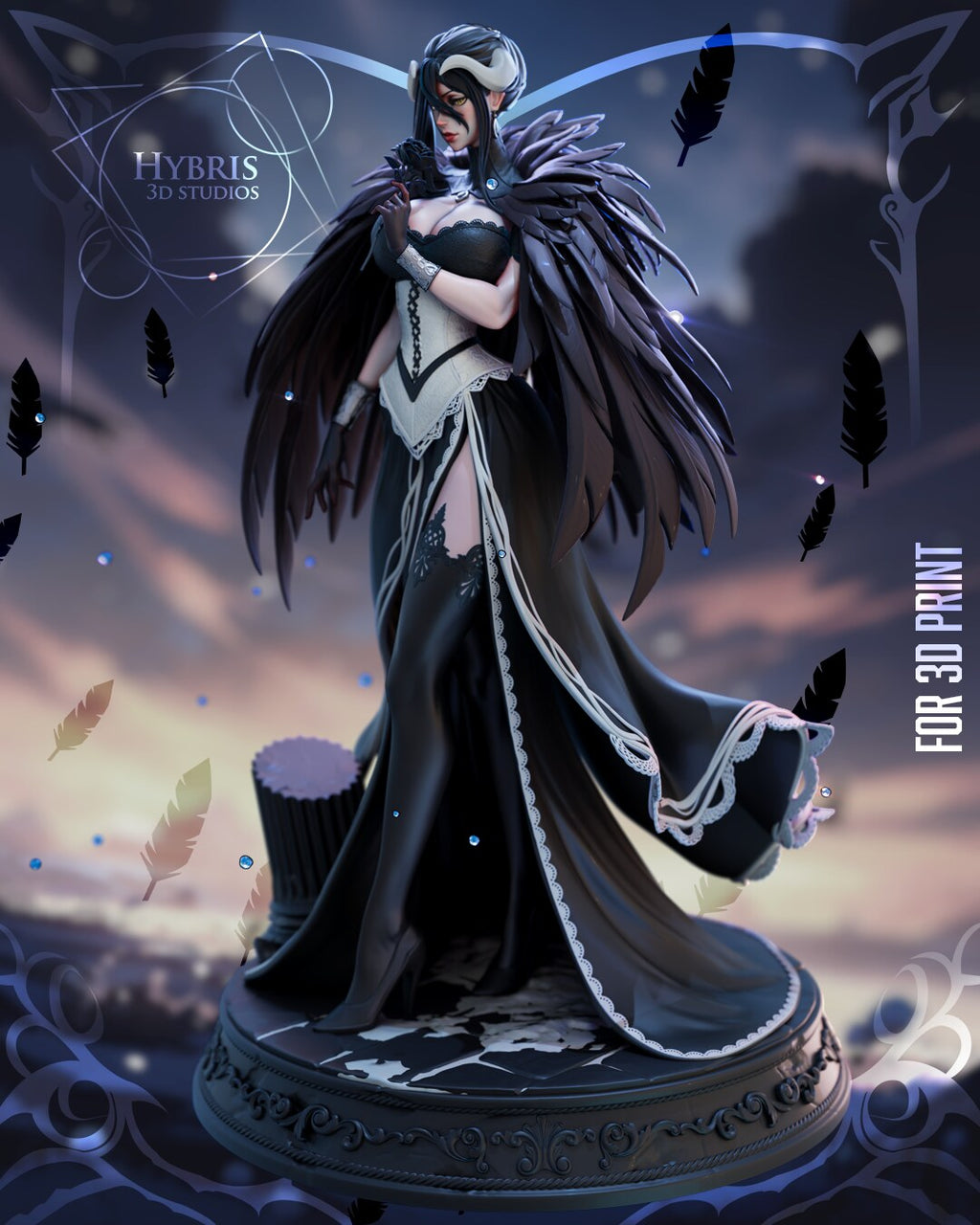 Sculptor's render of the painted design (kit ships unpainted): full front three-quarter view of the horned figure in a black feather cape holding a black rose, on the round marble base beside a broken pillar