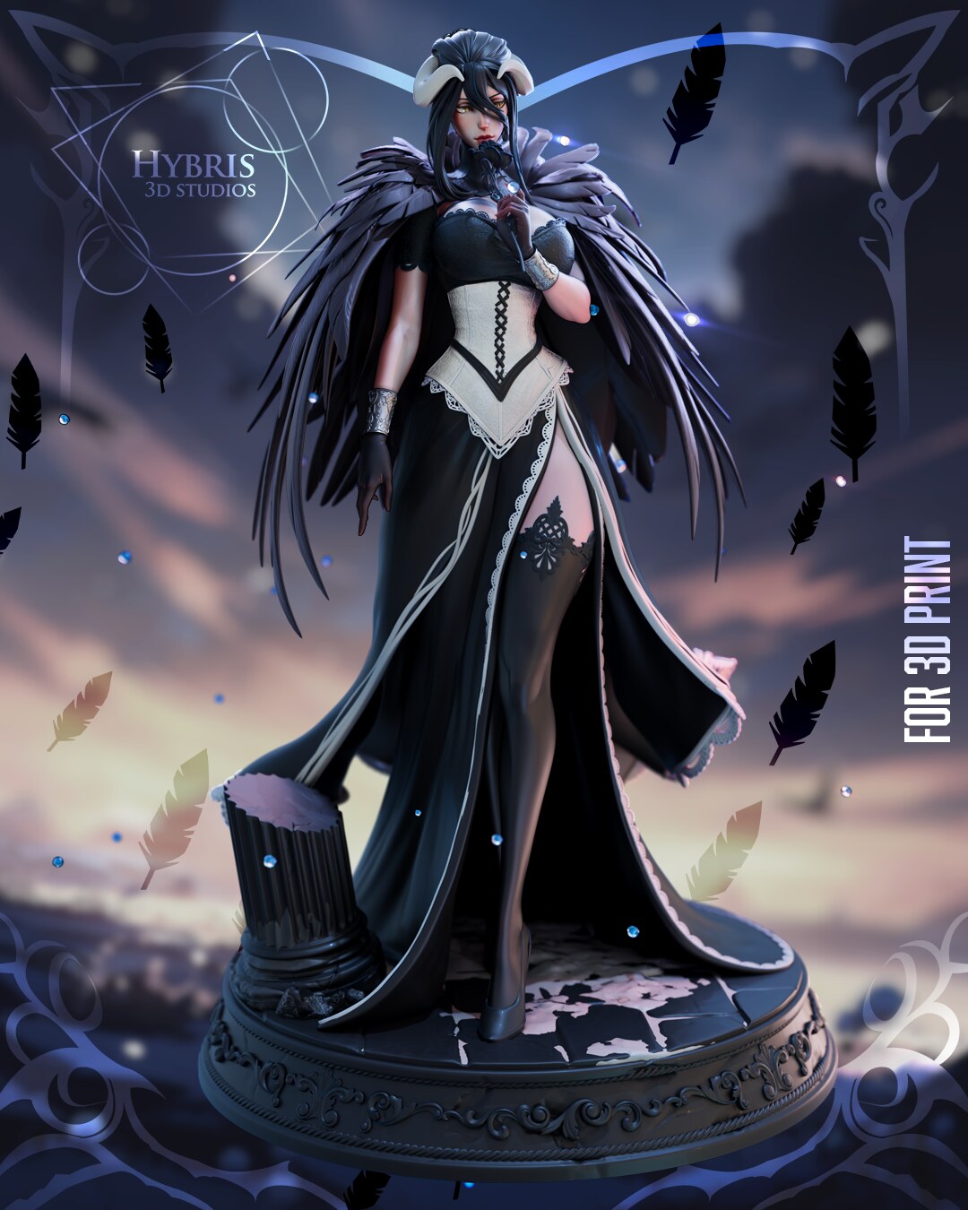 Sculptor's render (kit ships unpainted): full front view, the feathered cape spread on both sides and the pillar at one side of the base