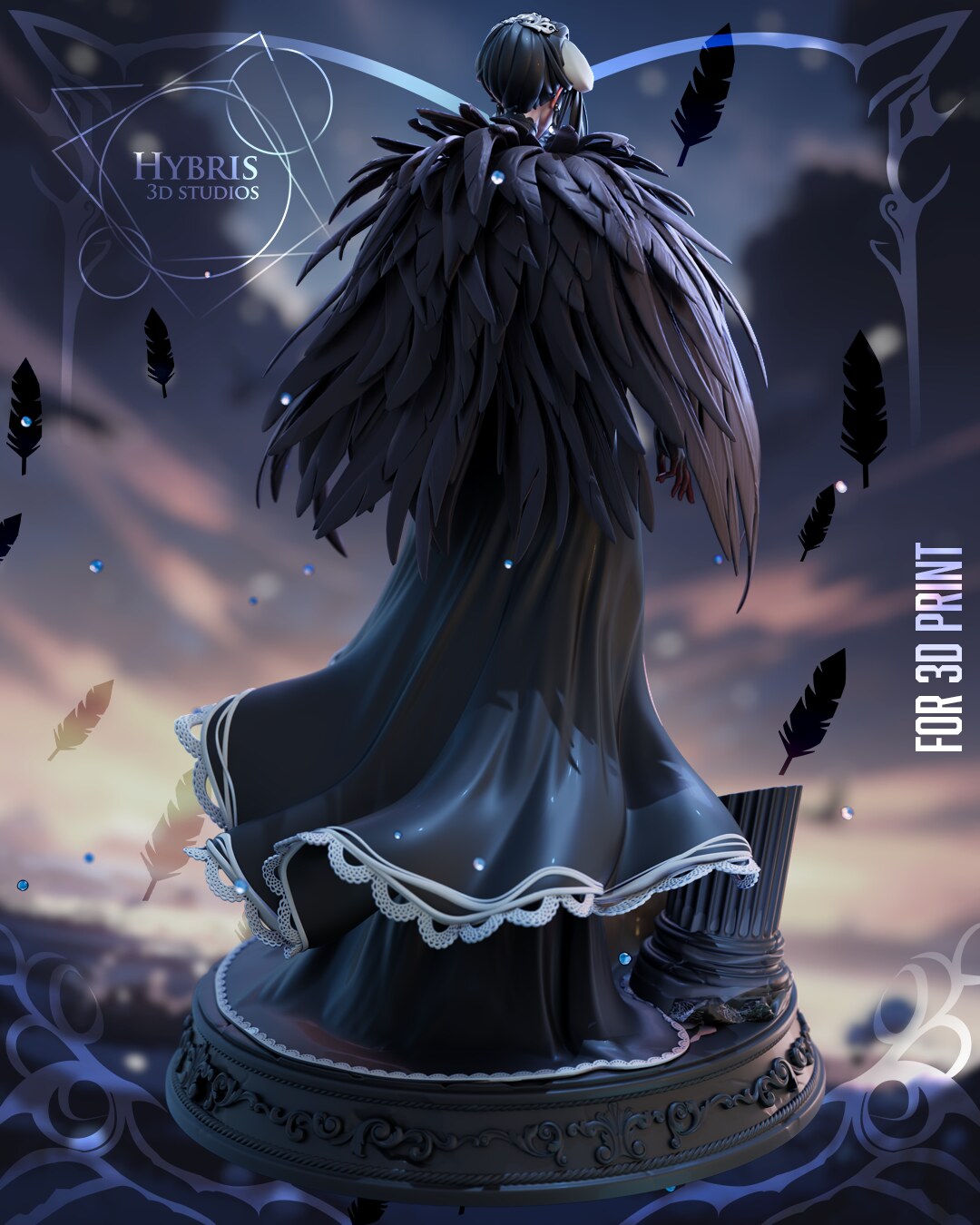 Sculptor's render (kit ships unpainted): rear view of the full feathered cape, the hair comb and the lace-trimmed skirt hem