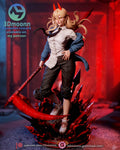 Sculptor's render of the painted design (kit ships unpainted): full-length front three-quarter view of the horned blonde figure holding the blood scythe low on the rock base ringed with blood spears