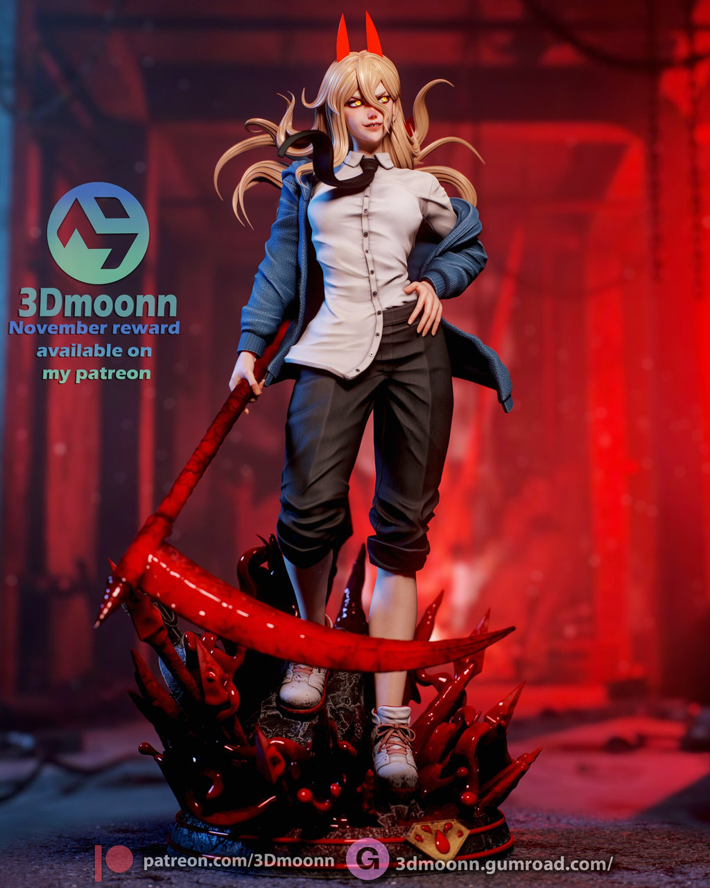 Sculptor's render (kit ships unpainted): straight-on front view with the scythe blade across her shins and the gold plaque on the plinth