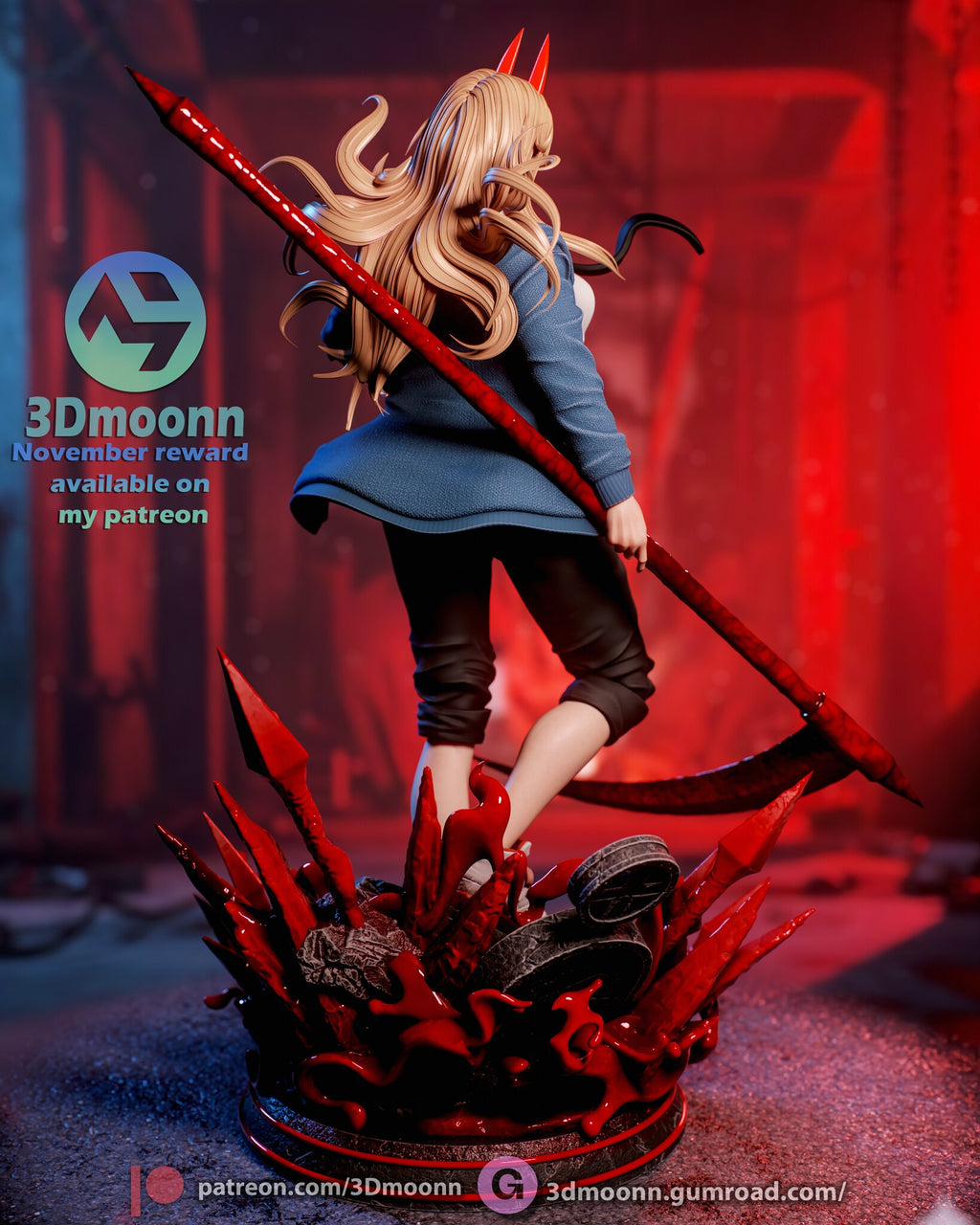 Sculptor's render (kit ships unpainted): rear view with the scythe across her back and the toppled round headstone on the base