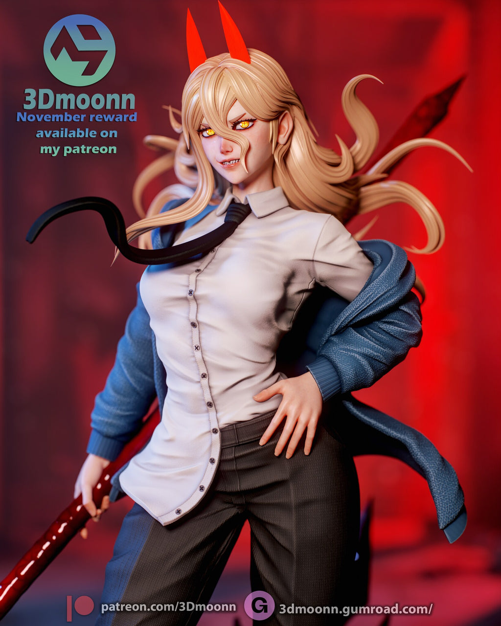 Sculptor's render (kit ships unpainted): close-up of the grinning face, red horns, white shirt, black tie and blue knit jacket