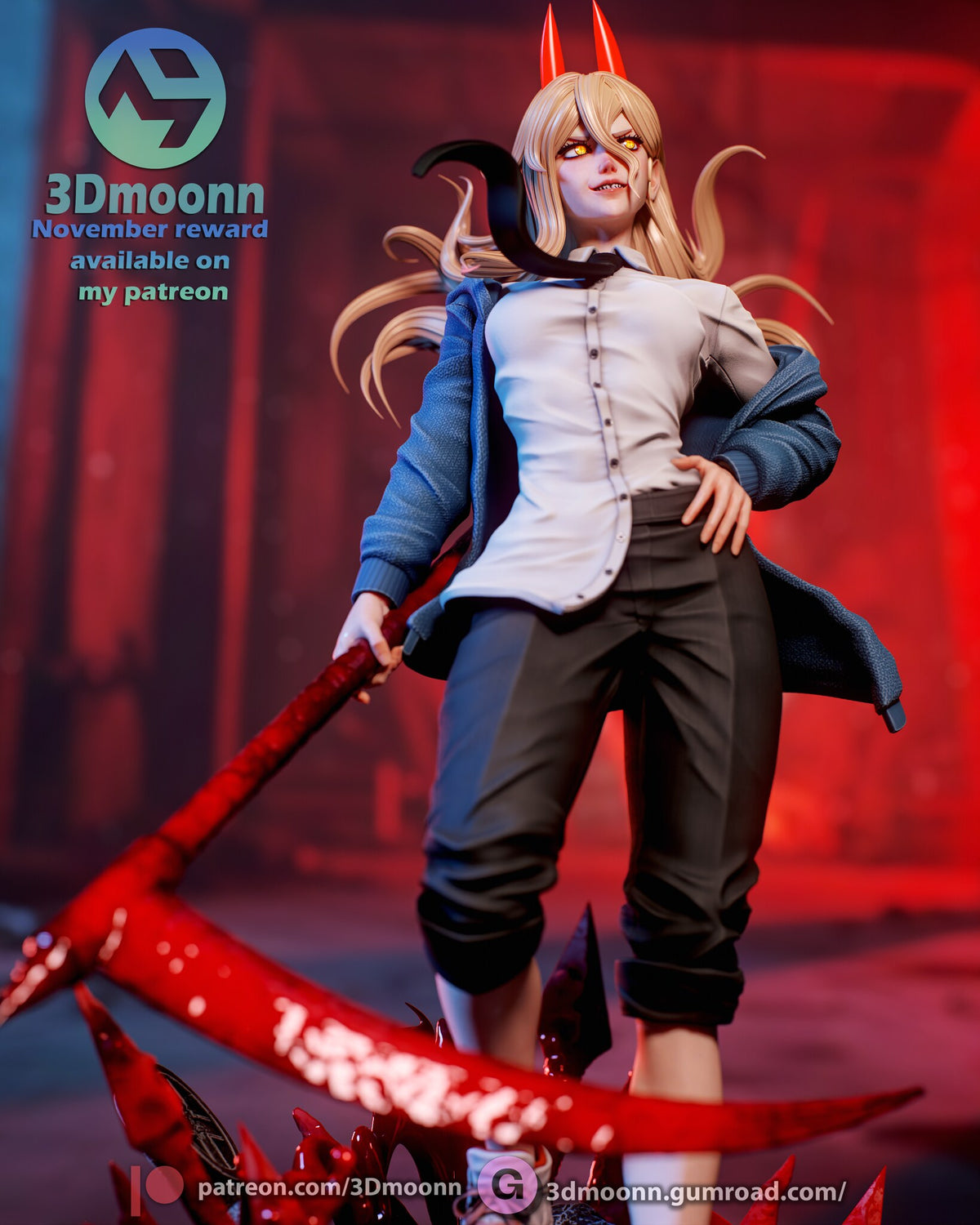Sculptor's render (kit ships unpainted): low-angle view looking up at the figure with the scythe blade across the foreground