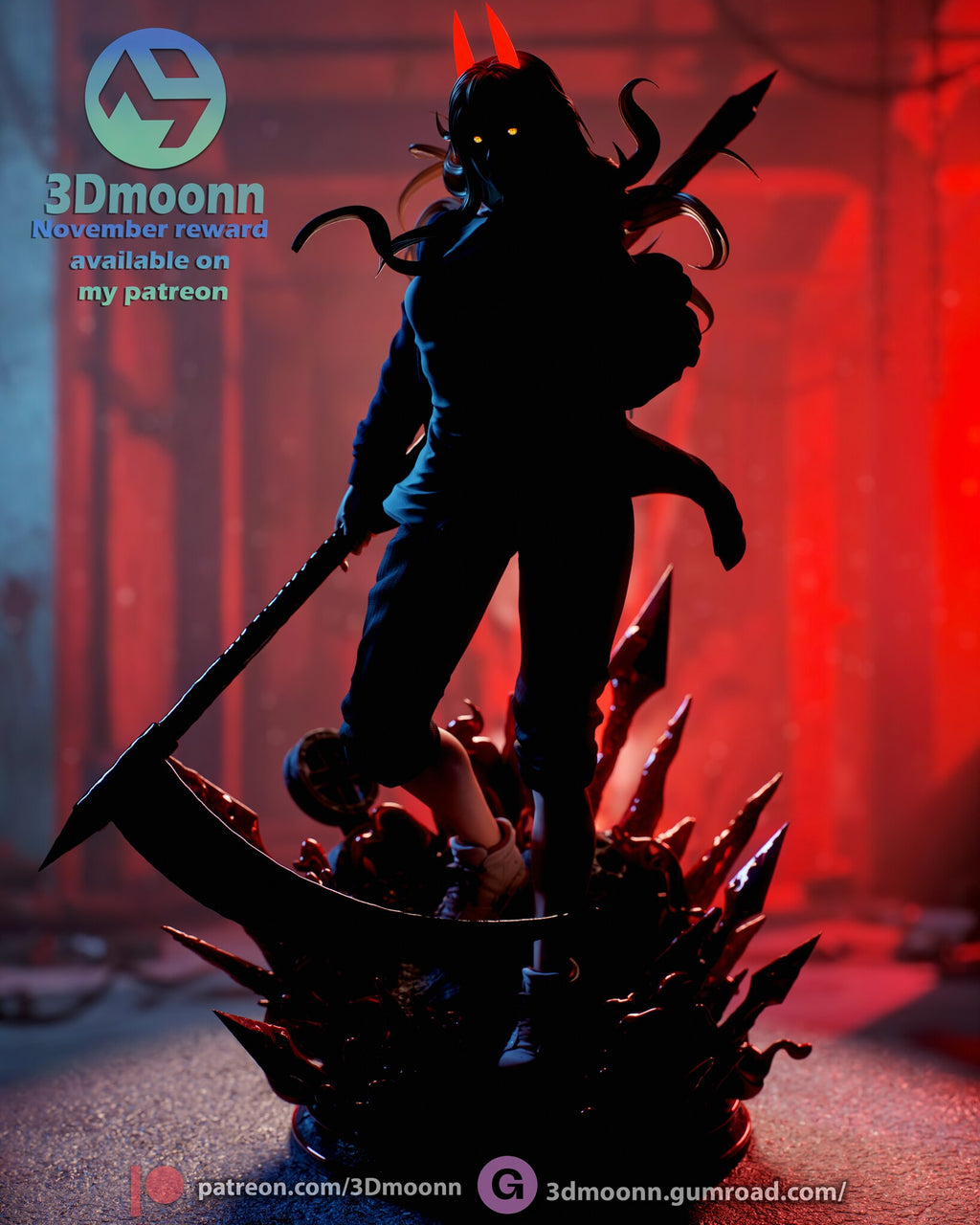 Sculptor's render (kit ships unpainted): backlit silhouette view with the eyes, horns and blood edges lit red