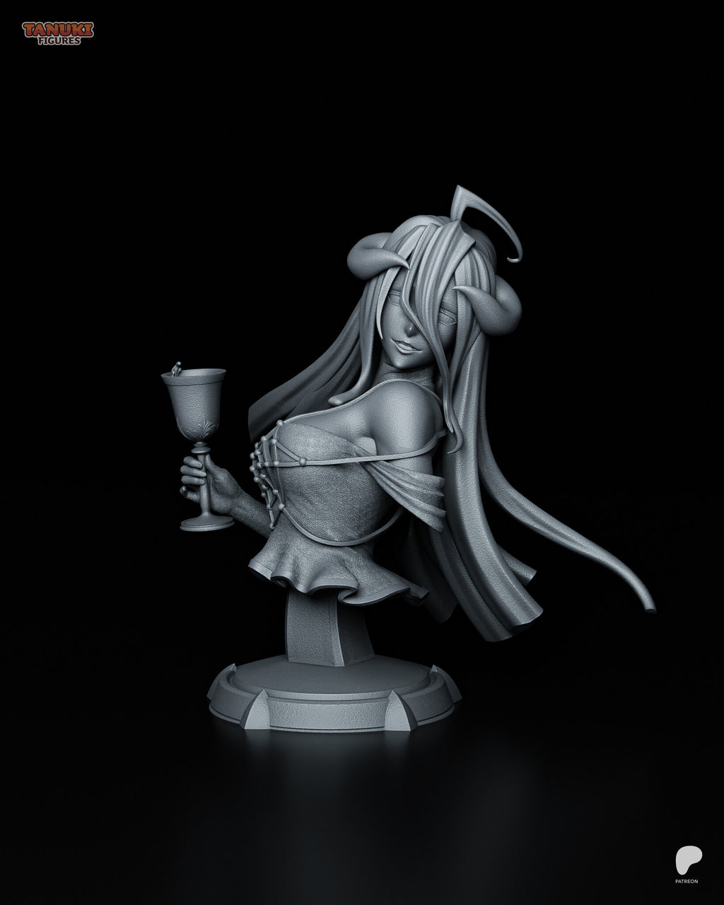 Sculptor's render of the design (kit ships unpainted): gray clay three-quarter front view of the bust raising a goblet, horns curving forward, on the round plinth