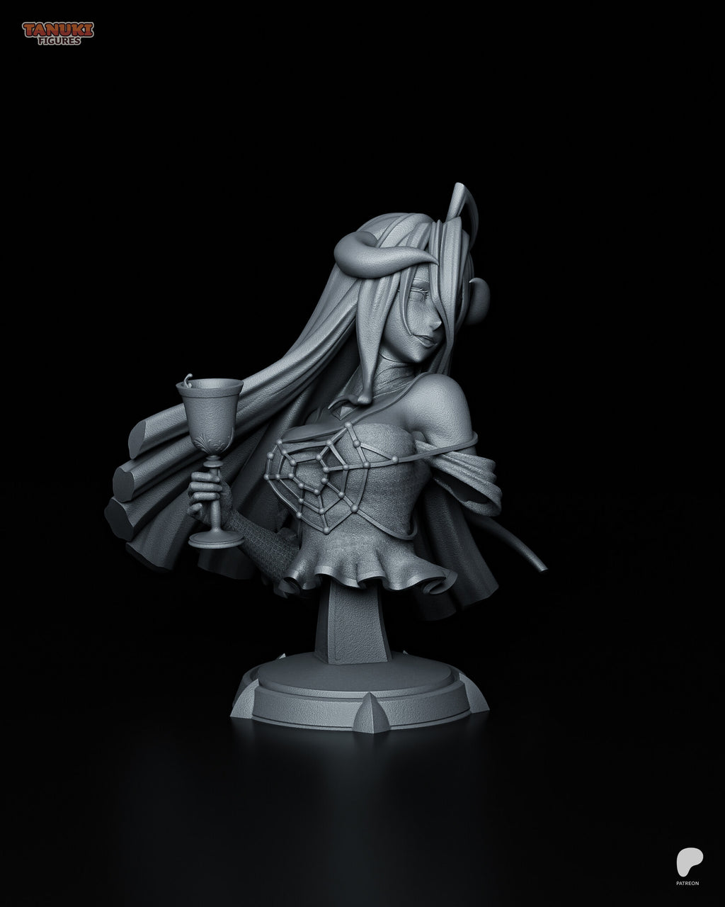 Sculptor's render (kit ships unpainted): front view from her left showing the beaded web on the bodice and the goblet in her raised hand