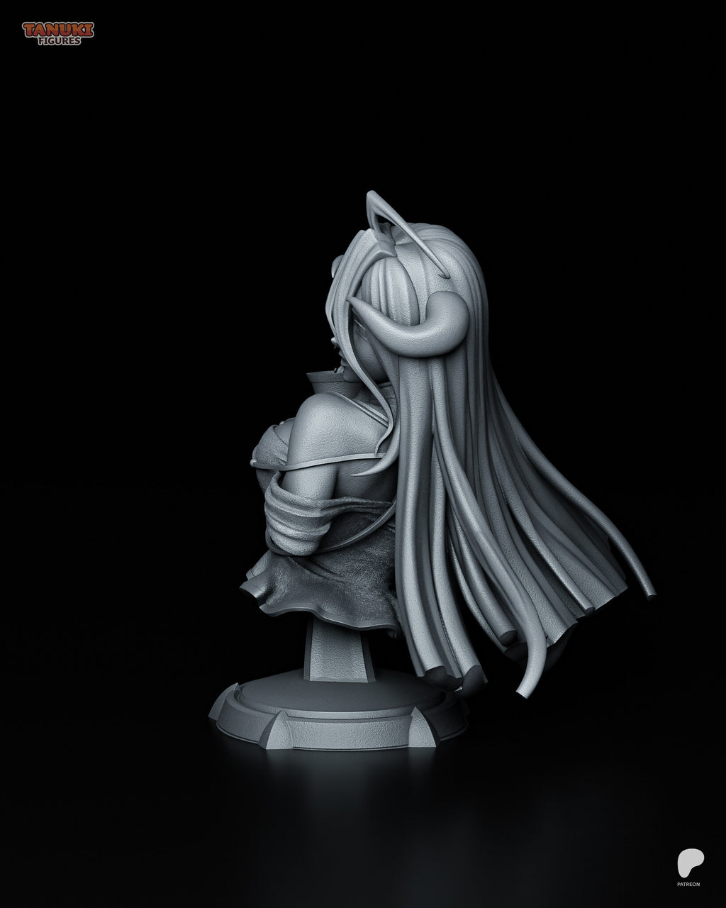 Sculptor's render (kit ships unpainted): side profile with the curved horn, the sleeve drape and the hair falling behind the plinth