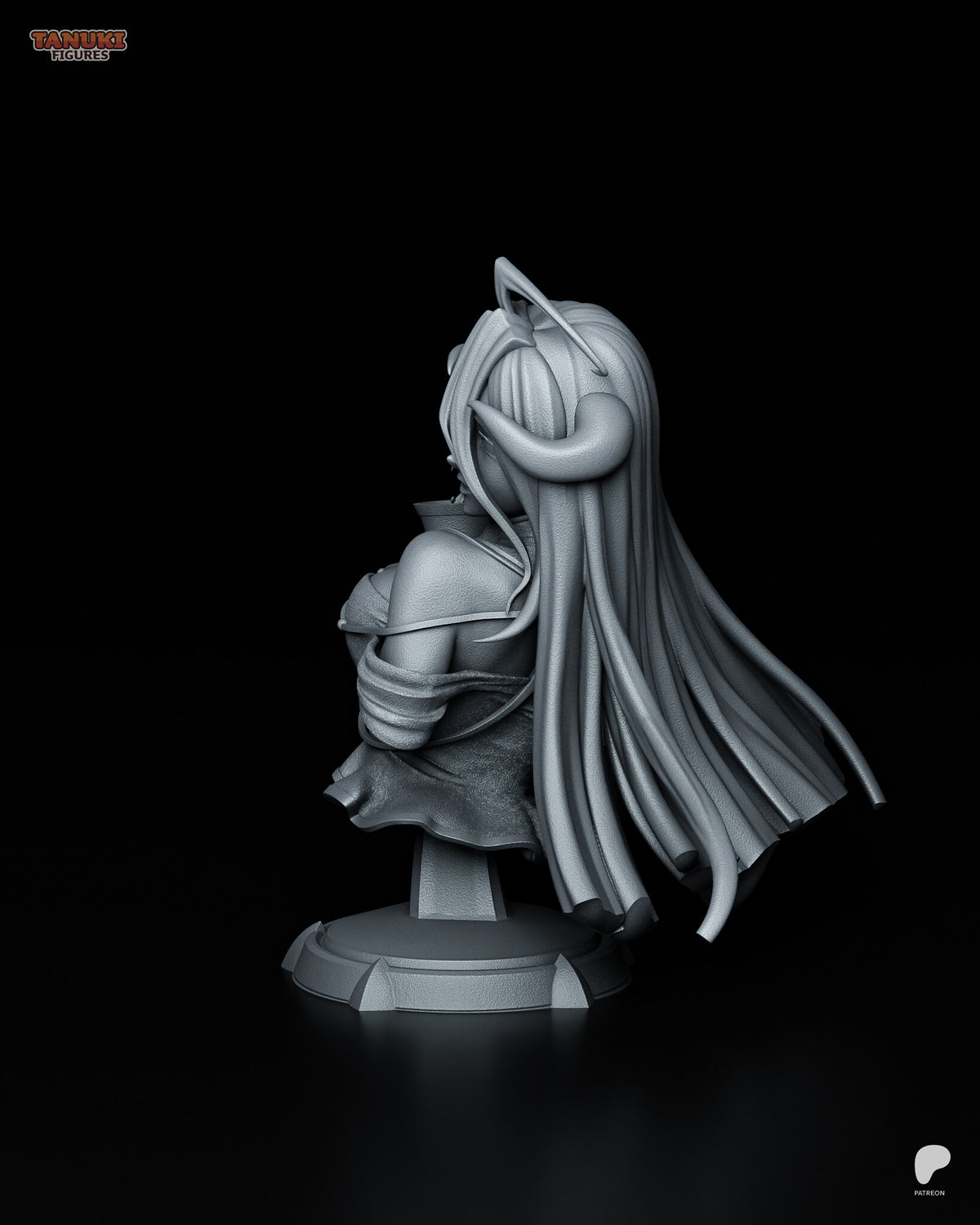Sculptor's render (kit ships unpainted): side profile with the curved horn, the sleeve drape and the hair falling behind the plinth