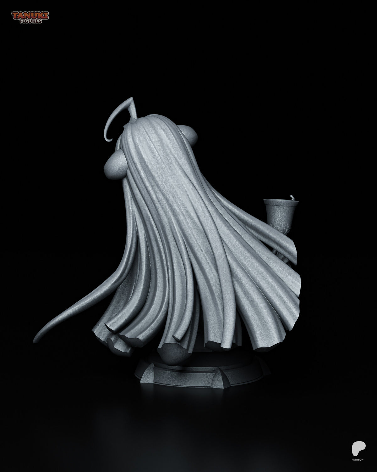 Sculptor's render (kit ships unpainted): back view of the long wavy hair, with one strand sweeping out to the side