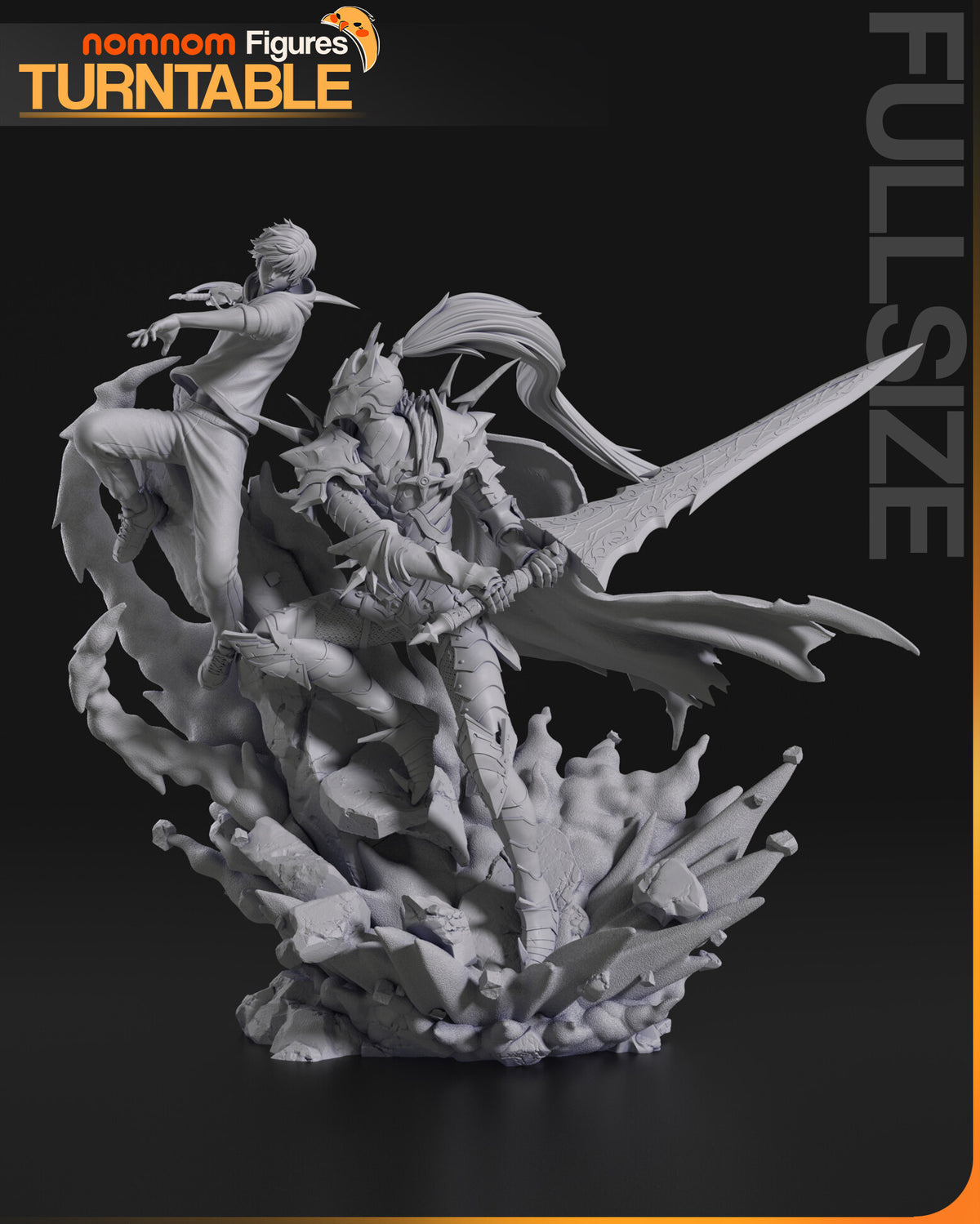 Sculptor's render (kit ships unpainted): unpainted gray view of the full 1:10 diorama from the front left, the hunter leaping above the knight, whose greatsword and cape reach out to the right