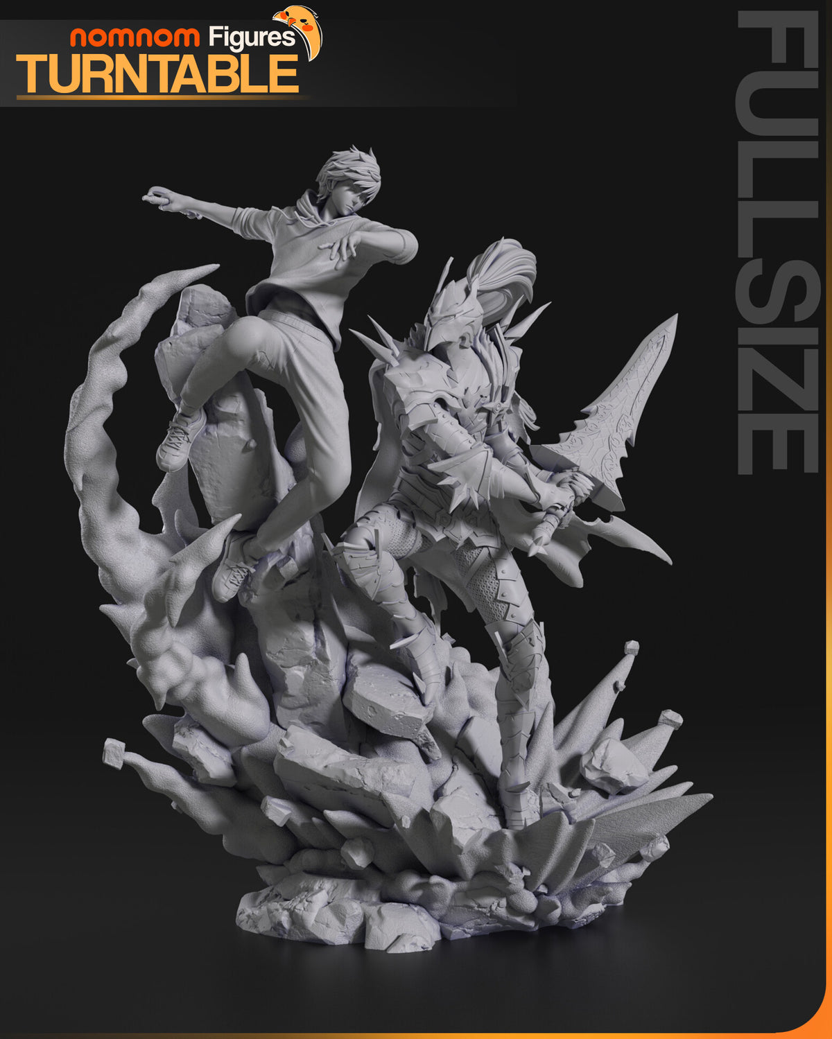 Sculptor's render (kit ships unpainted): gray view from the front right, the hunter's foot on a rock spike and the knight's armored legs on the rubble