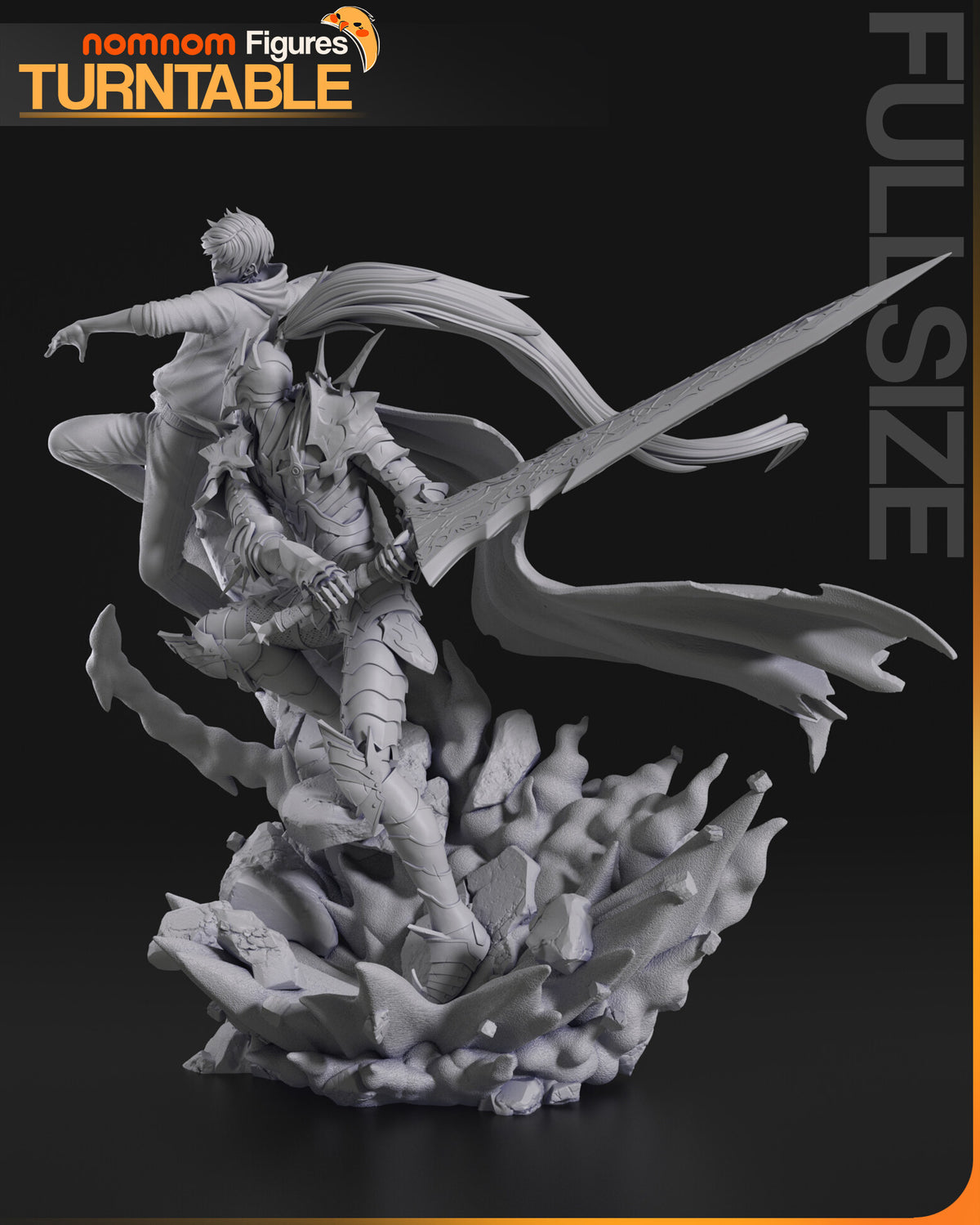 Sculptor's render (kit ships unpainted): gray side view along the greatsword, the cape and plume streaming behind the knight
