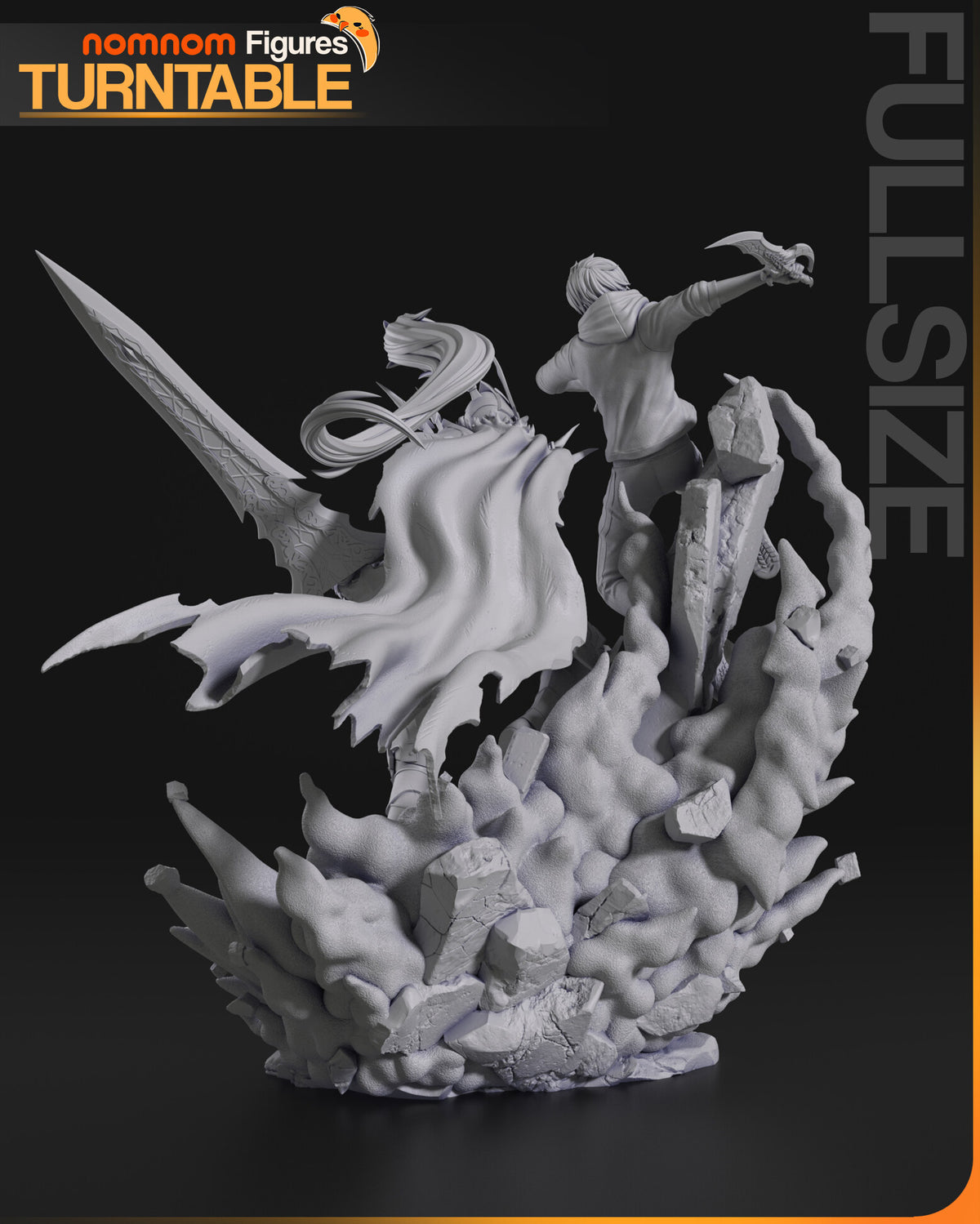 Sculptor's render (kit ships unpainted): gray rear view of the knight's torn cape and plume, the smoke column and the hunter at upper right