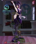 Sculptor's render of the painted design (kit ships unpainted): front three-quarter full view of the kunoichi on one foot with a bamboo cup raised, on the rock and stone well base