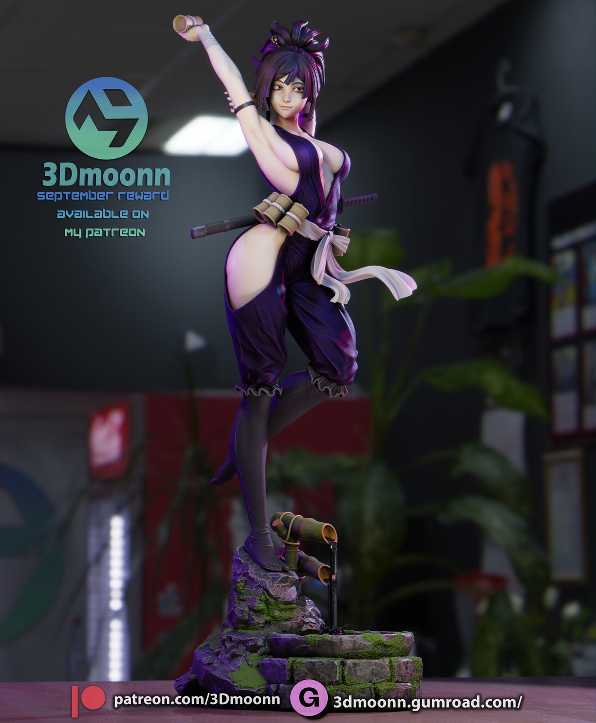 Sculptor's render (kit ships unpainted): full view showing the katana across her back, the white sash tails and the bamboo spout