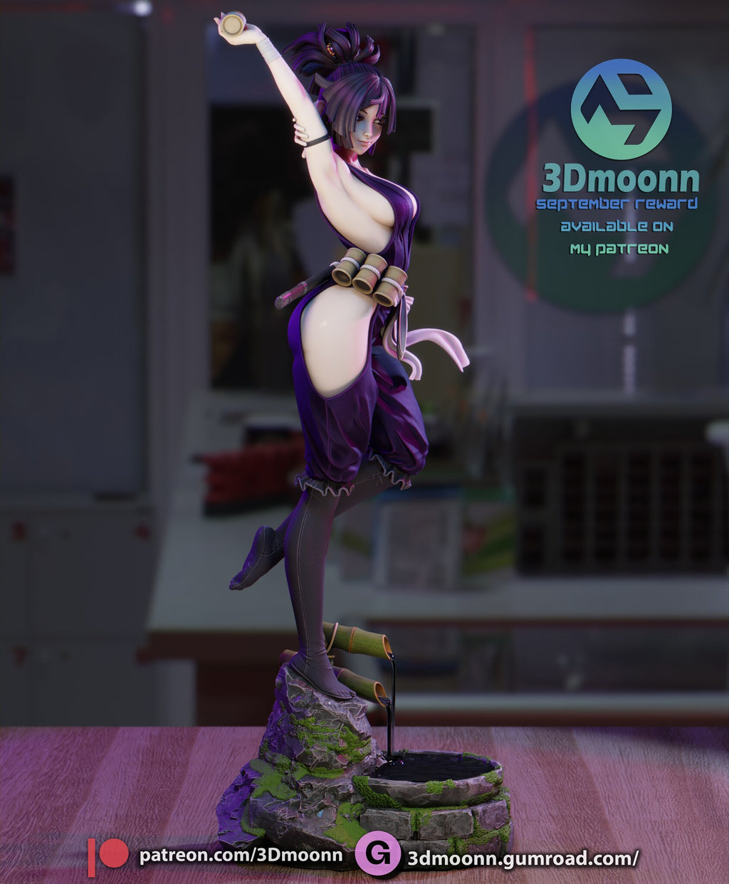 Sculptor's render (kit ships unpainted): side view of the one-foot pose with the bamboo canisters and the water pouring into the well
