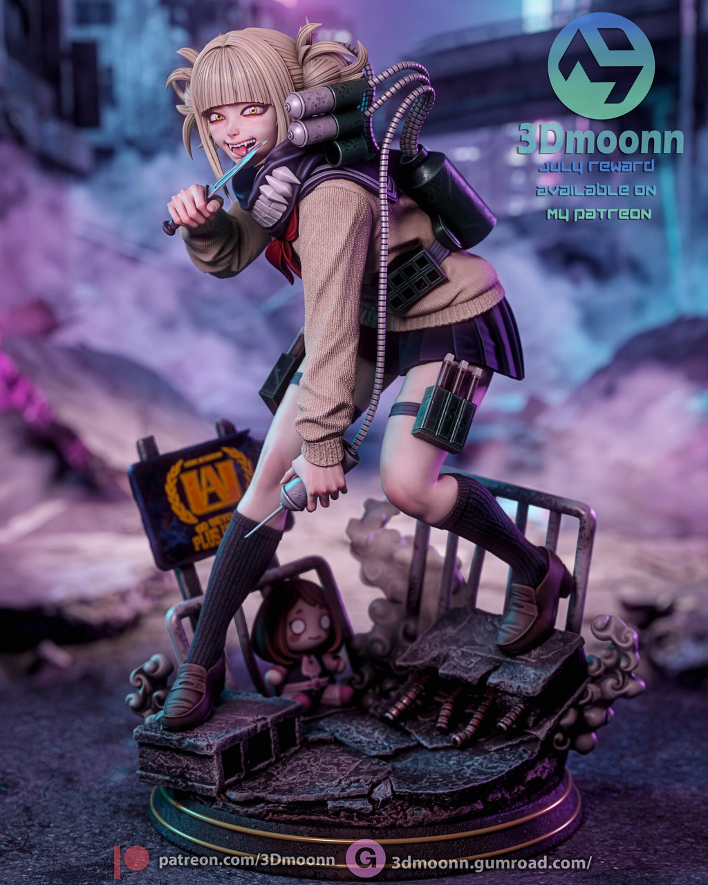Sculptor's render of the painted design (kit ships unpainted): front three-quarter view of the schoolgirl lunging forward with a knife, on the rubble street base