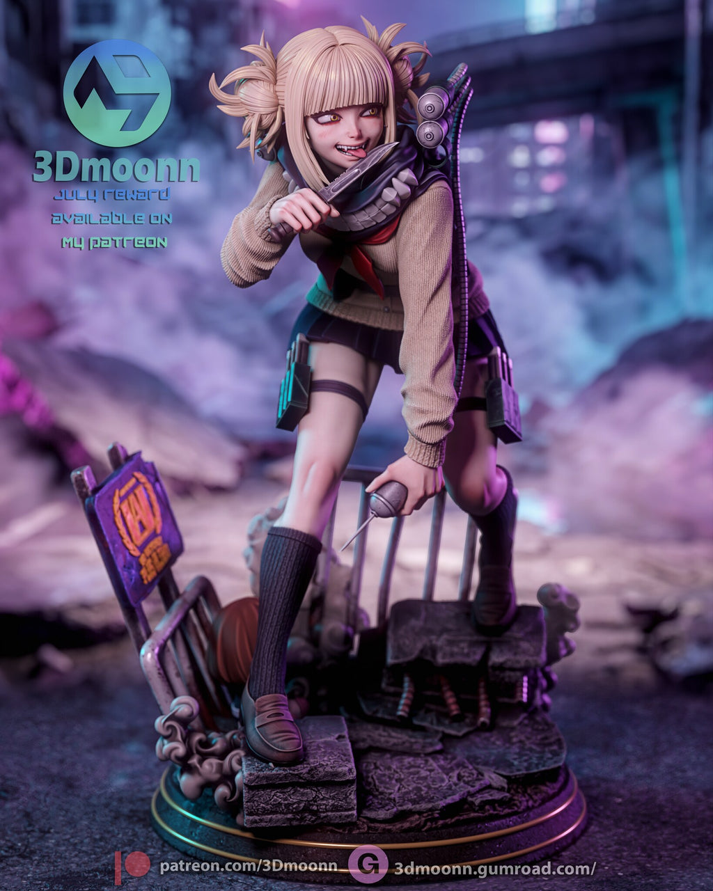 Sculptor's render (kit ships unpainted): front view showing the barricade, the standing sign and the chibi doll under the barricade
