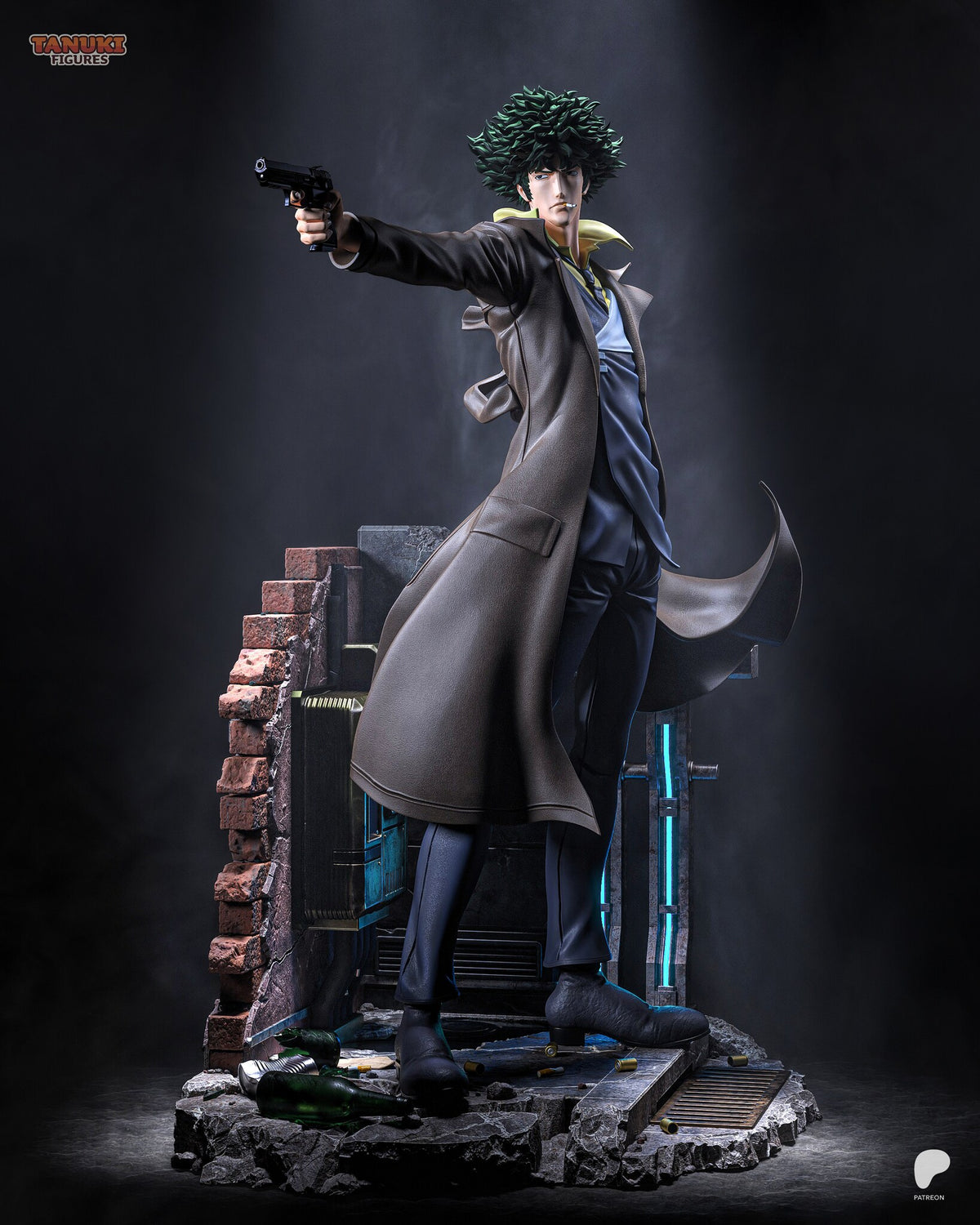 Sculptor's render of the painted design (kit ships unpainted): full front view of the shaggy-haired gunman in a long coat aiming a pistol, in a ruined street corner with a brick-edged wall and glowing cyan conduits