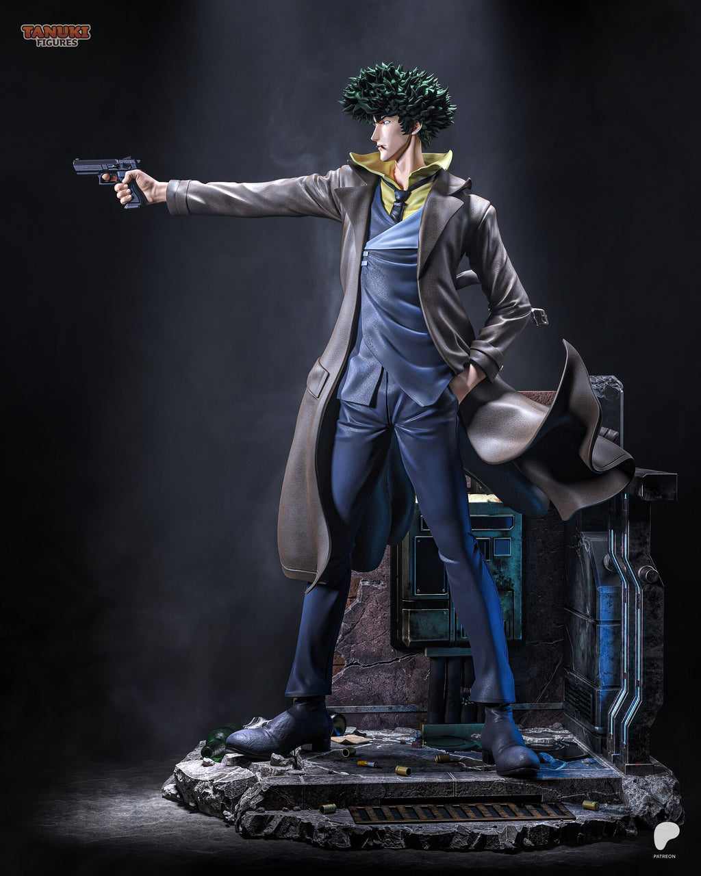 Sculptor's render (kit ships unpainted): side view with the pistol arm straight out, the coat open over a blue suit and yellow shirt, left hand in his pocket