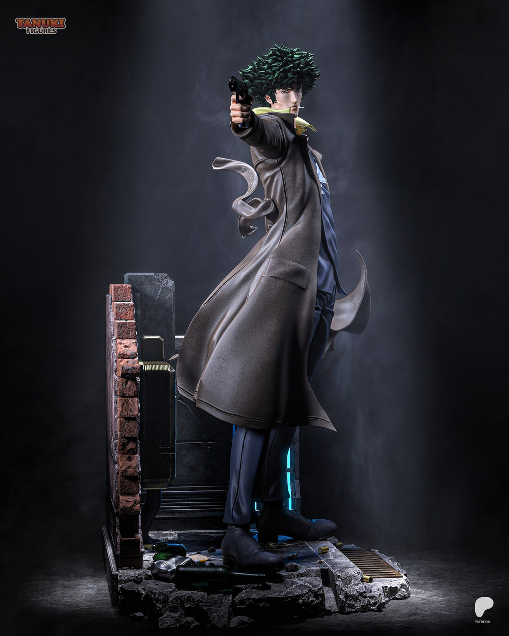 Sculptor's render (kit ships unpainted): view from his left side, the pistol arm pointing toward the camera and the coat flaring behind