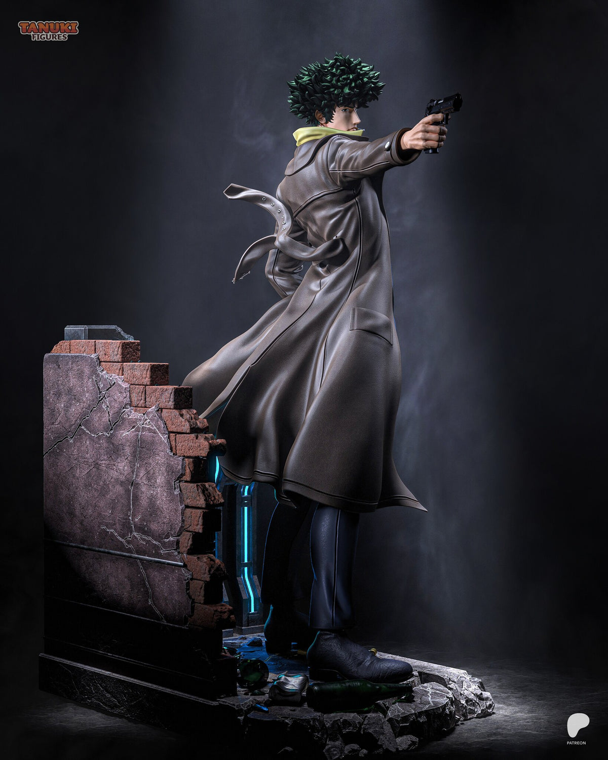 Sculptor's render (kit ships unpainted): rear view with the coat belt flying out, beside the cracked plaster and brick wall