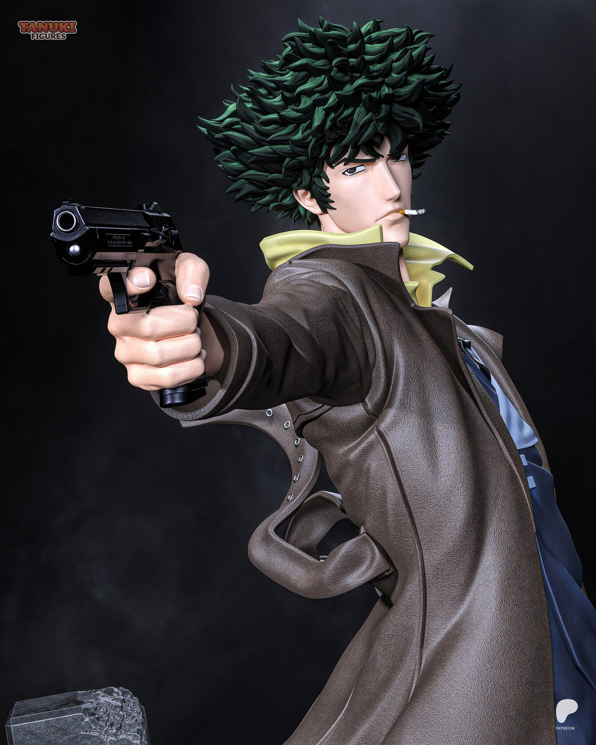 Sculptor's render (kit ships unpainted): close-up of the face with a cigarette and the pistol held out, the coat sleeve lined with eyelets