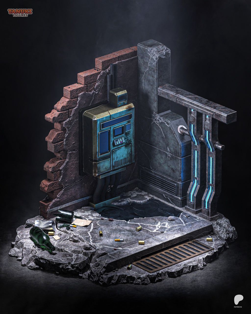Sculptor's render (kit ships unpainted): the base on its own, a ruined corner with a brick wall, a concrete pillar, an electrical box, a railing with glowing conduits and litter on cracked concrete