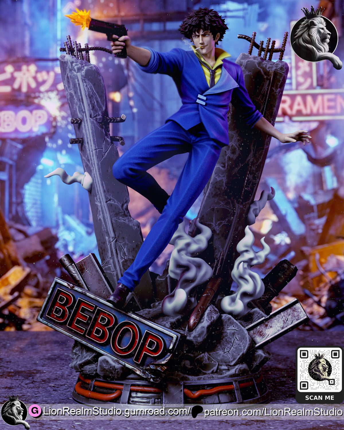 Sculptor's render of the painted design (kit ships unpainted): full front view of the gunman leaping between two broken concrete pillars, pistol firing, above the rubble and the weathered sign on a round drum base