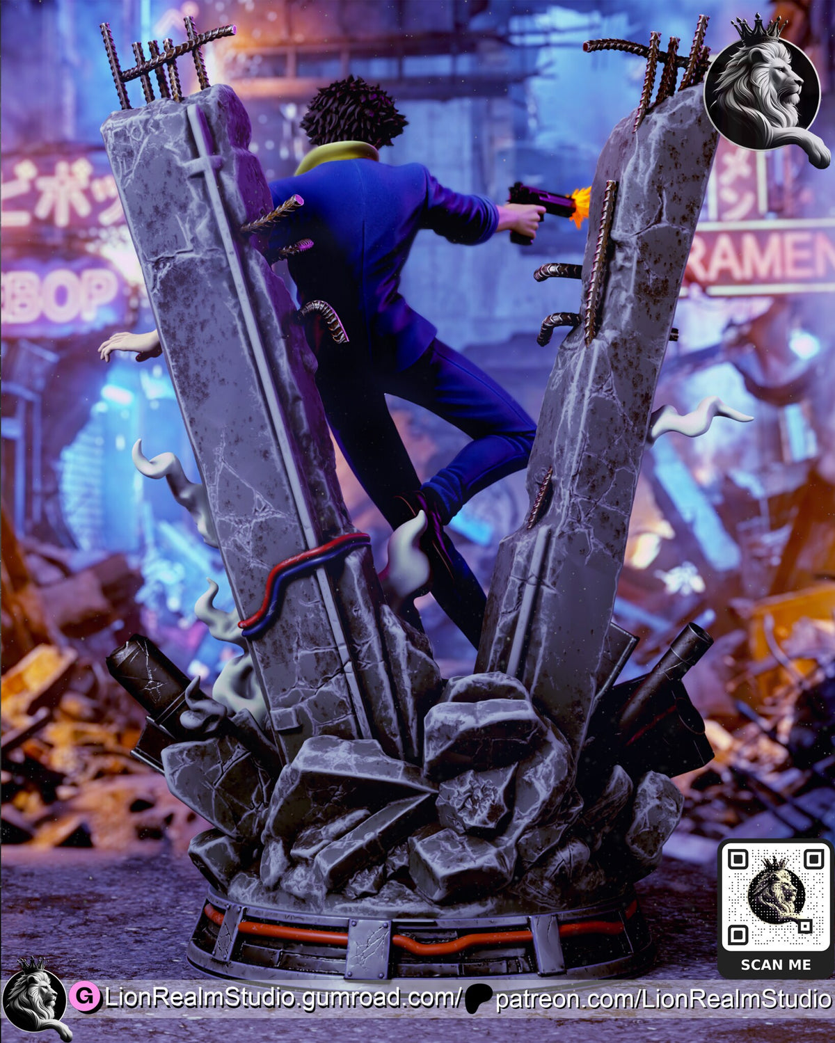 Sculptor's render (kit ships unpainted): rear view of the two pillars with bent rebar, a red and blue cable, the rubble pile and the cabled drum base