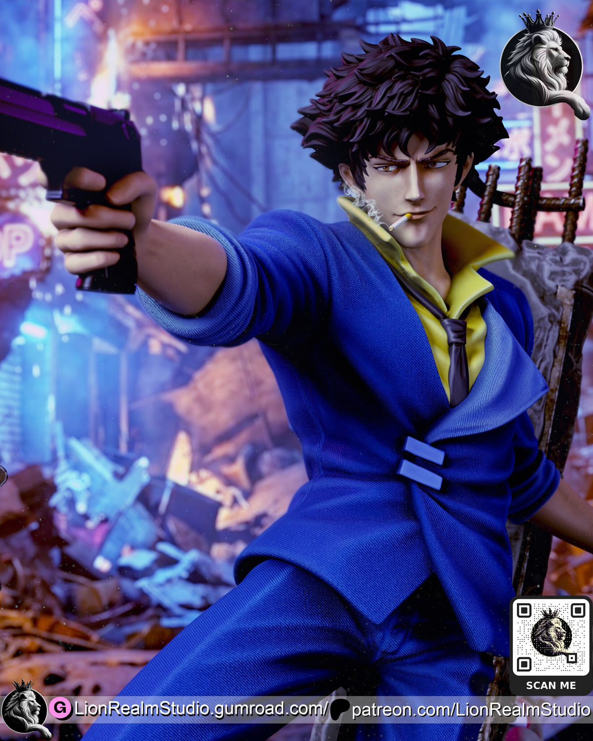 Sculptor's render (kit ships unpainted): close-up of the face with the cigarette, the folded-out yellow collar, the loose dark tie and the blue jacket, pistol held toward the camera