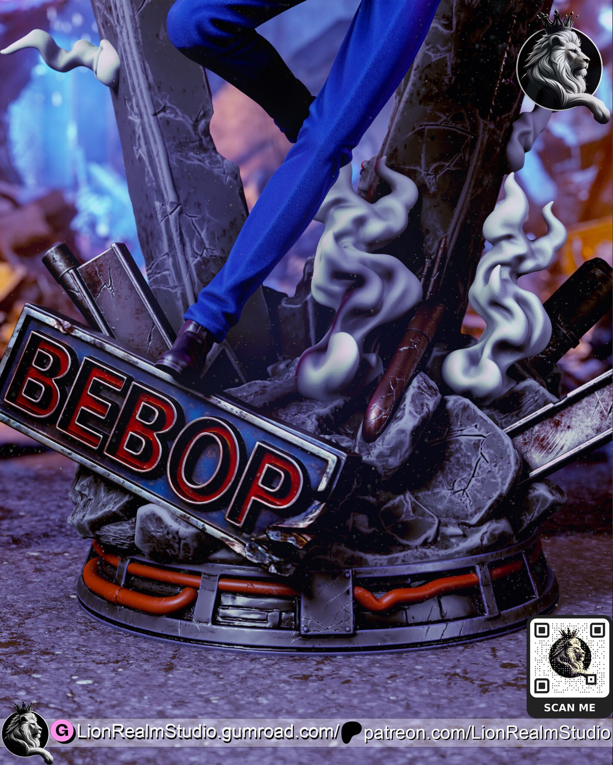 Sculptor's render (kit ships unpainted): close-up of the base with the weathered sign plate, rubble, smoke wisps, rusted pipes and the drum's riveted panels and cables
